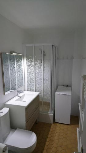 une salle de bain avec un lavabo, une douche et des toilettes dans l'établissement Appartement Belle Vue, à Valras-Plage