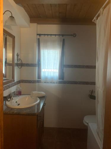 a bathroom with a sink and a toilet and a window at Apartamentos Rurales Peralta in Segura de la Sierra