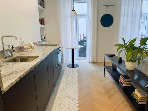 cocina con fregadero y suelo de madera en MIRO Rooms - French chic, free private parking en Riga