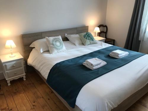 une chambre avec un grand lit avec deux serviettes dessus dans l'établissement LE CATALPA - centre ville, jardin & parking!, à Annecy