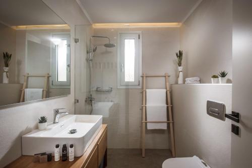 uma casa de banho com um lavatório, um WC e um espelho. em Aether by Nymphs residence I em Kókkinos Pírgos