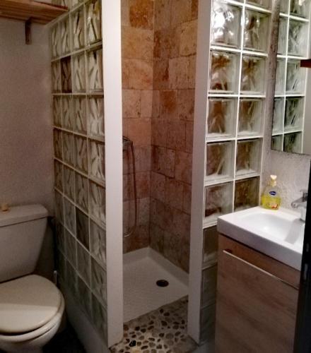 une salle de bain avec une douche, des toilettes et un lavabo dans l'établissement Cap de Mer - Vue sur mer - Une chambre - Une terrasse - Accès direct plage - Commerces à proximités, au Barcarès