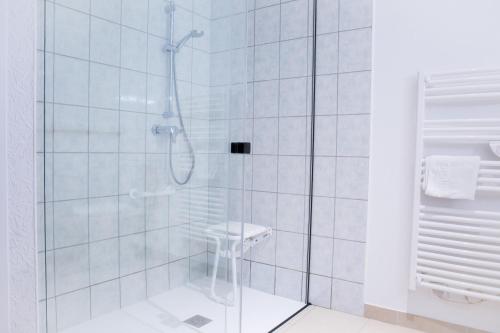 a bathroom with a shower with a stool in it at Château du Rollin Orléans - La Chapelle St Mesmin in La Chapelle-Saint-Mesmin
