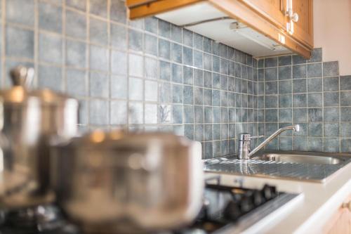 cocina con paredes de azulejos azules y fregadero en Apartments Primula, en San Vigilio Di Marebbe