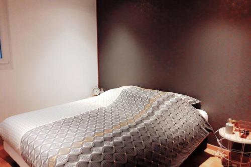 1 dormitorio con 1 cama con edredón gris en Logement proche Saint Dizier et Lac du Der, en Chancenay