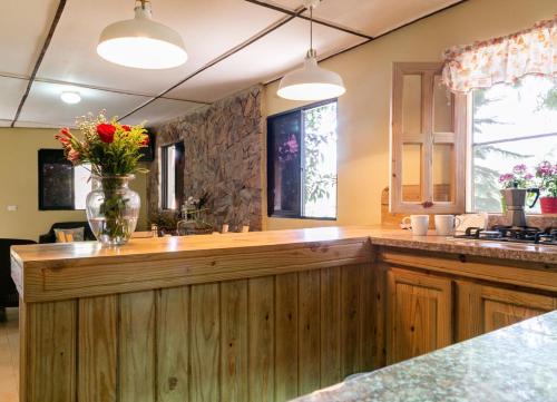 a kitchen with a counter with a vase of flowers on it at Hotel Rancho Constanza & Cabañas de la Montaña in Constanza