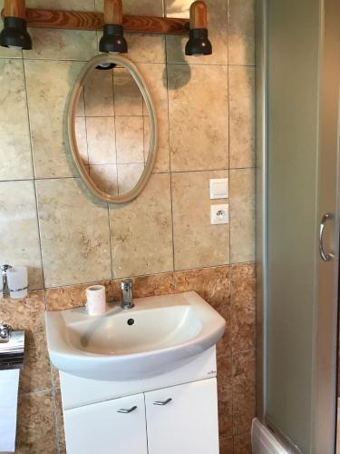 a bathroom with a white sink and a mirror at Domek Green Dźwirzyno in Dźwirzyno
