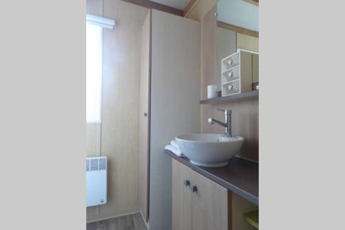 ein Badezimmer mit einem Spülbecken auf der Theke in der Unterkunft Châlet dans parc de loisirs 5 étoiles in Puget-sur Argens