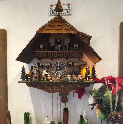 a cuckoo clock hanging on a wall at Gasthof Rafting Alm in Haiming