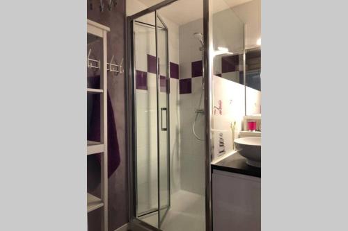 une salle de bain avec une douche en verre et un lavabo dans l'établissement Appartement T2 classé tout confort, Cauterets Centre, équipé pour bébé, et WIFI gratuite, à Cauterets