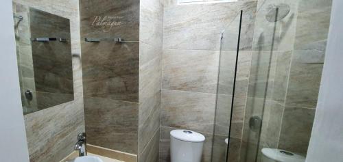 a bathroom with a shower and a toilet at Palmagua in Barranquilla