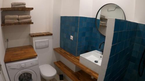 une salle de bain avec un lavabo et une machine à laver dans l'établissement Studio bord de mer - Piscine - Plage, à San-Nicolao