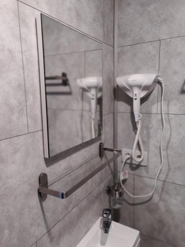 a bathroom with a mirror and a sink at Nieuw Strand in Petten