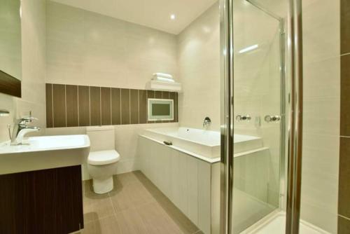 a bathroom with a toilet and a sink and a shower at Fantastic sea view apartment! in Portstewart