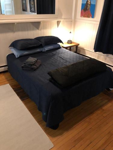 a bedroom with a large bed with blue sheets and pillows at Art Gallery Hostel in Whitefield