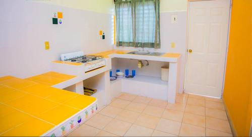 a small kitchen with a stove and a sink at Real del Sol in Rincon de Guayabitos
