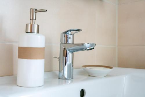 a bathroom sink with a faucet and a bottle of soap at Bio Weinhaus Krauss Zellertal in Zellertal