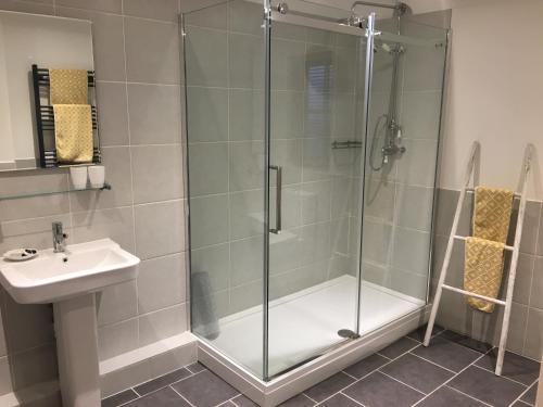 a bathroom with a shower and a sink at Grove Barn Bed and Breakfast in Harleston