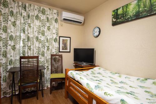 a bedroom with a bed and a flat screen tv at Garden Nikko Guest House in Nikko