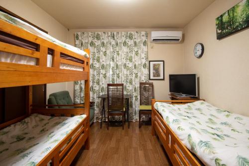 a bedroom with two bunk beds and a television at Garden Nikko Guest House in Nikko