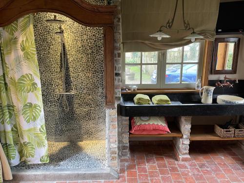 a bathroom with a shower and a sink in a room at B&B de Meidoorn in Vinkem