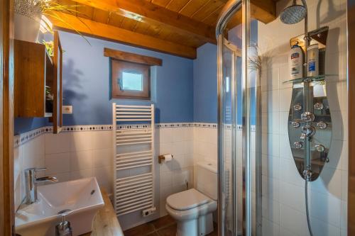 a bathroom with a toilet and a sink and a shower at CASUCAS LA GUARIZA ( Casa Marta) in Fontibre