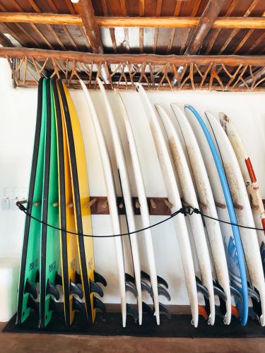 a bunch of surfboards are lined up on a wall at Paredon Surf House in El Paredón Buena Vista