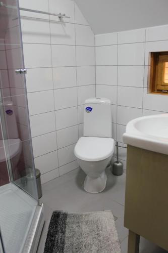 a white bathroom with a toilet and a sink at Cerdacul cu Stuf in Sfântu Gheorghe