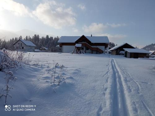 a snow covered field with houses and buildings at Apartmán Elenka in Zuberec