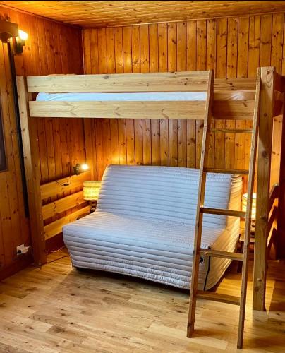Ce lit superposé se trouve dans une chambre en bois avec une échelle. dans l'établissement Charmant appartement dans chalet, aux Carroz d'Arâches