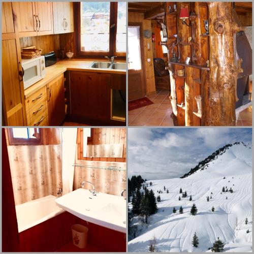 un collage de photos d'une cuisine avec de la neige dans l'établissement Charmant appartement dans chalet, aux Carroz d'Arâches