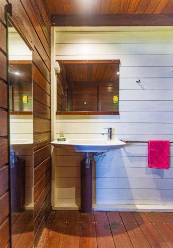 a bathroom with a sink and a mirror at Piton Bungalows Ecolodges in Deshaies