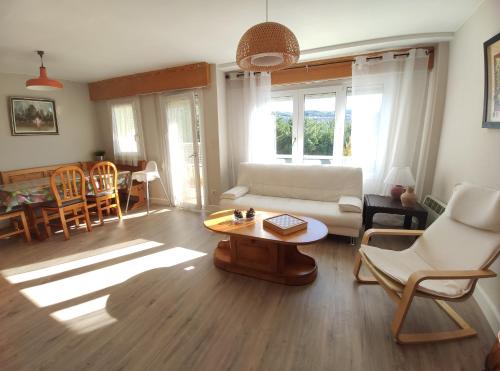 ein Wohnzimmer mit einem Sofa, einem Tisch und Stühlen in der Unterkunft gabardito 2 in Villanúa