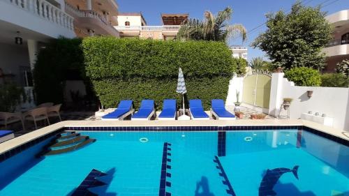 einen Pool mit Liegestühlen neben einem Gebäude in der Unterkunft Luxor VIP Apartments in Luxor