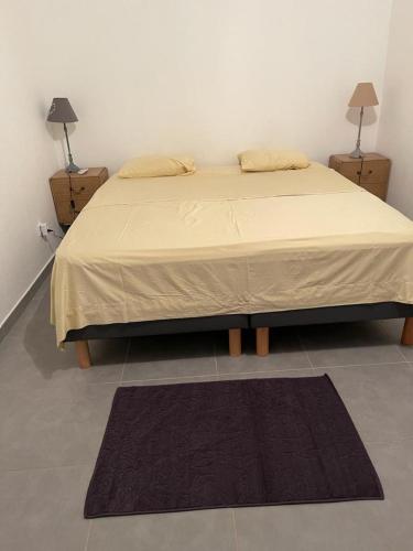 1 dormitorio con 1 cama con 2 mesitas de noche y 1 alfombra en Duplex Alexandra Ray Luis, en Rémiré