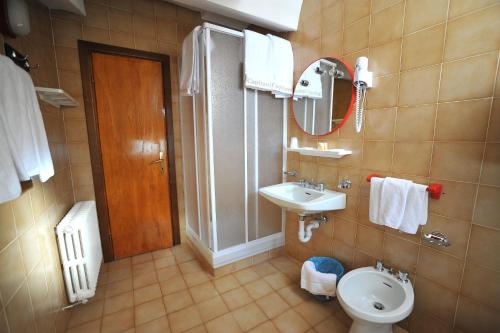 a bathroom with a sink and a toilet and a mirror at Hotel Capitani in Bormio
