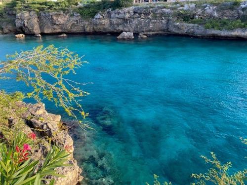 a river with blue water and a rocky shore at Blue Lagoon Apartment in Lagun