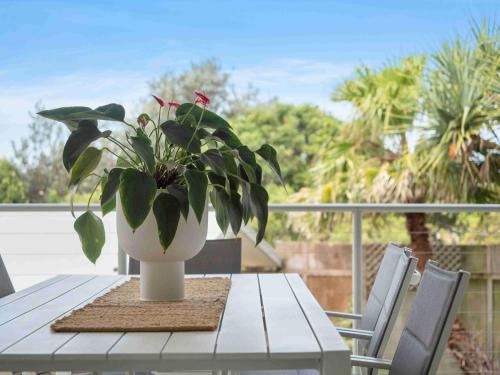 a white table with a plant in a vase on it at Pacific Marina Apartments in Coffs Harbour