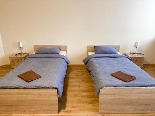 dos camas sentadas una al lado de la otra en un dormitorio en Motelis Astarte, en Koknese