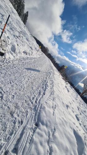 a snow covered slope with ski tracks in the snow at Gasthof Wimbachklamm in Ramsau