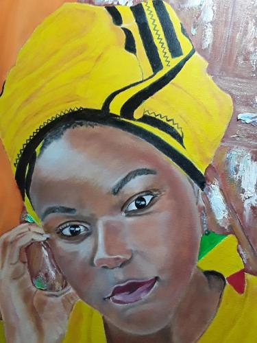 a painting of a woman wearing a yellow hat at Art Guest House in Lutzville