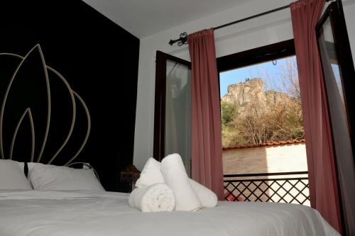 a bedroom with two beds and a large window at Dominique Rooms Meteora in Kalabaka