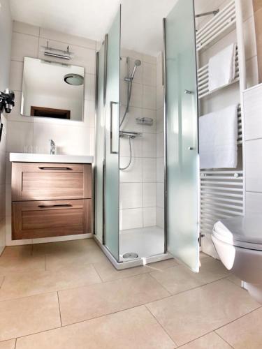 a bathroom with a shower and a sink and a toilet at Gasthof Auwirt in Sankt Michael im Lungau