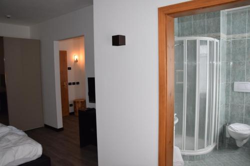 a bathroom with a toilet and a window at Hotel Valacia in Pozza di Fassa
