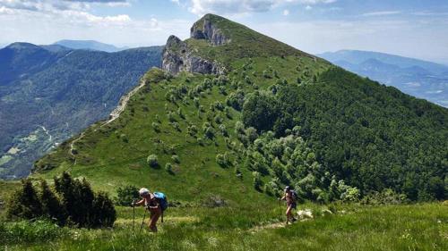 two people standing on a grassy hill with a mountain at Les Terrasses de Saillans in Saillans