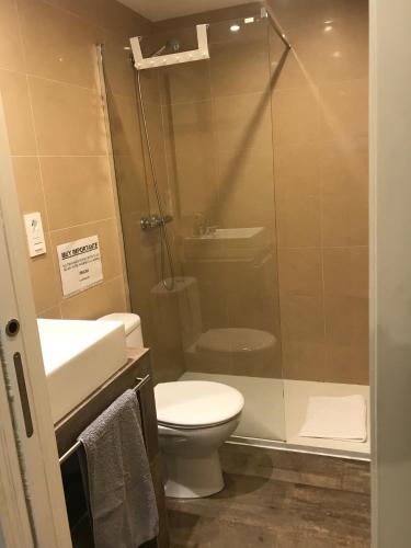 a bathroom with a toilet and a glass shower at Agroturismo Anziola in Oiartzun