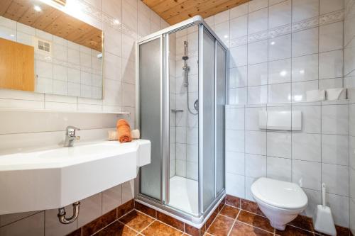 a bathroom with a shower and a sink and a toilet at Hotel Garni Ransburgerhof in Flachau