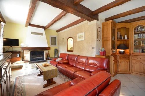 a living room with a leather couch and a fireplace at Villa charmante à Saint-Didier avec piscine privée in Saint-Didier