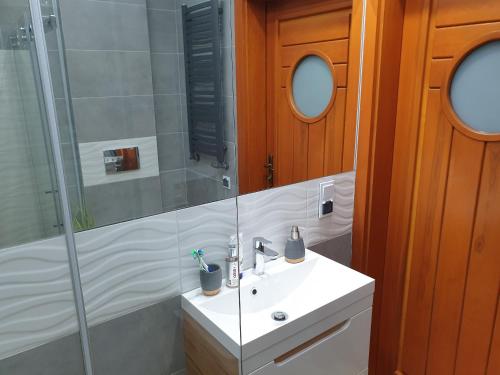 a bathroom with a sink and a shower at Apartament Białe Piaski in Dębki