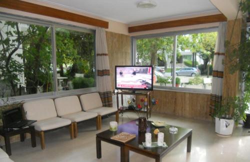 a living room with a couch and a tv at Rex Chasioti in Loutra Ipatis